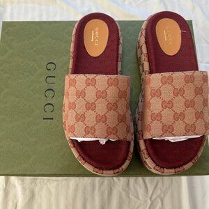 GUCCI Monogram Angelina Platform Sandals Slides